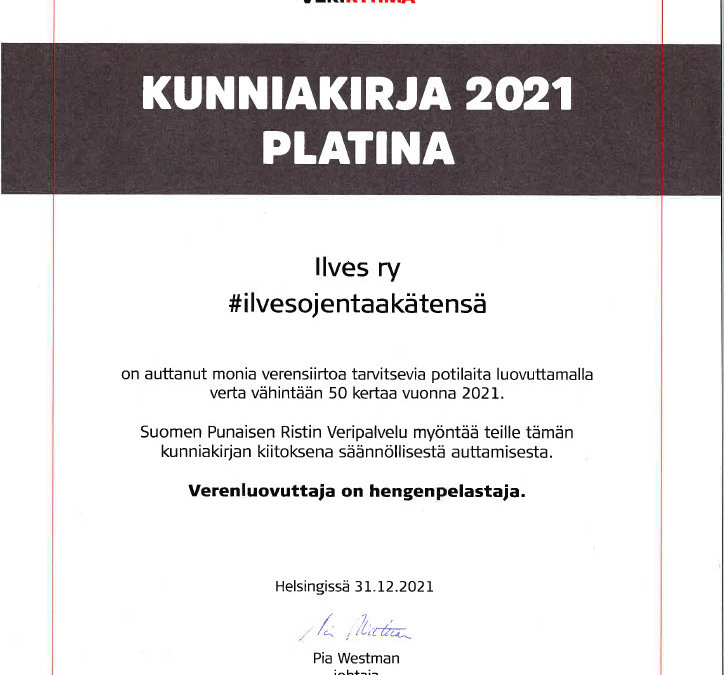 Ilves ry:lle Veripalvelun platinakunniakirja
